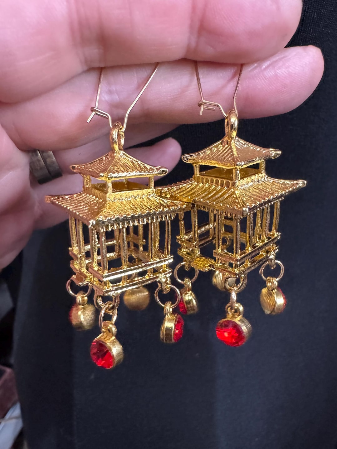 Chinese Lantern Earrings, Golden Pagoda Red Rhinestones, Oversized ...