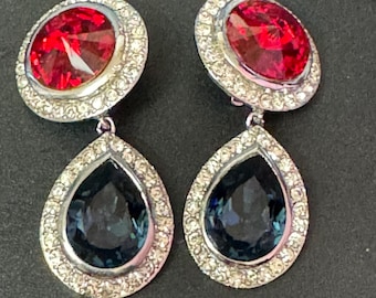 Ruby sapphire Swarovski Crystal Teardrop Earrings: 1980s Silver Tone Dangly Earrings