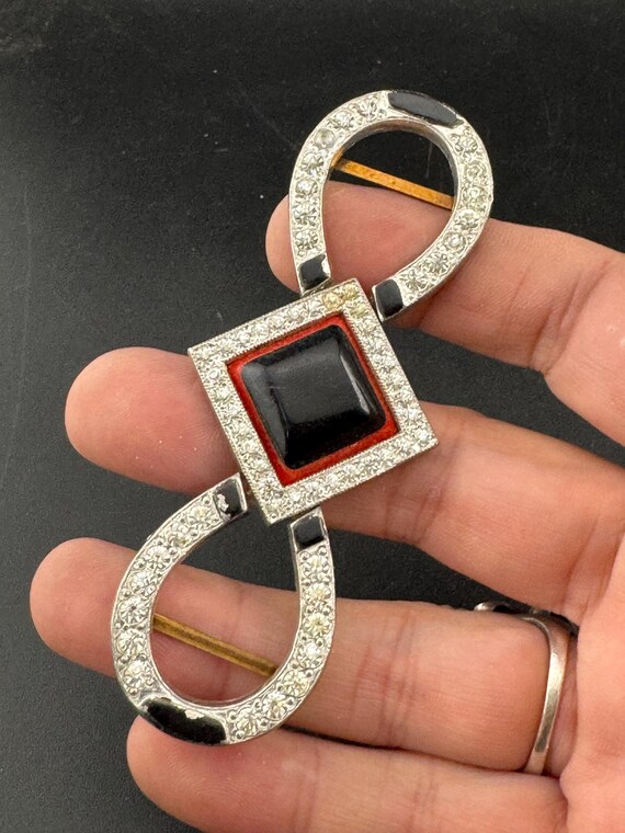 Czech Art Deco Belt Buckle: Red and Black Rhinestone  display picture 2