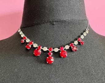 42cm Ruby red diamanté crystal drop necklace, fine chain, glass rhinestones, vintage