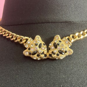 Signed Avon BIG CAT black clear diamanté rhinestone encrusted gold tone long statement necklace leopard panther