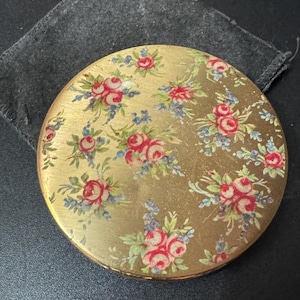 Vintage cosmetic case Red floral face powder compact gold tone