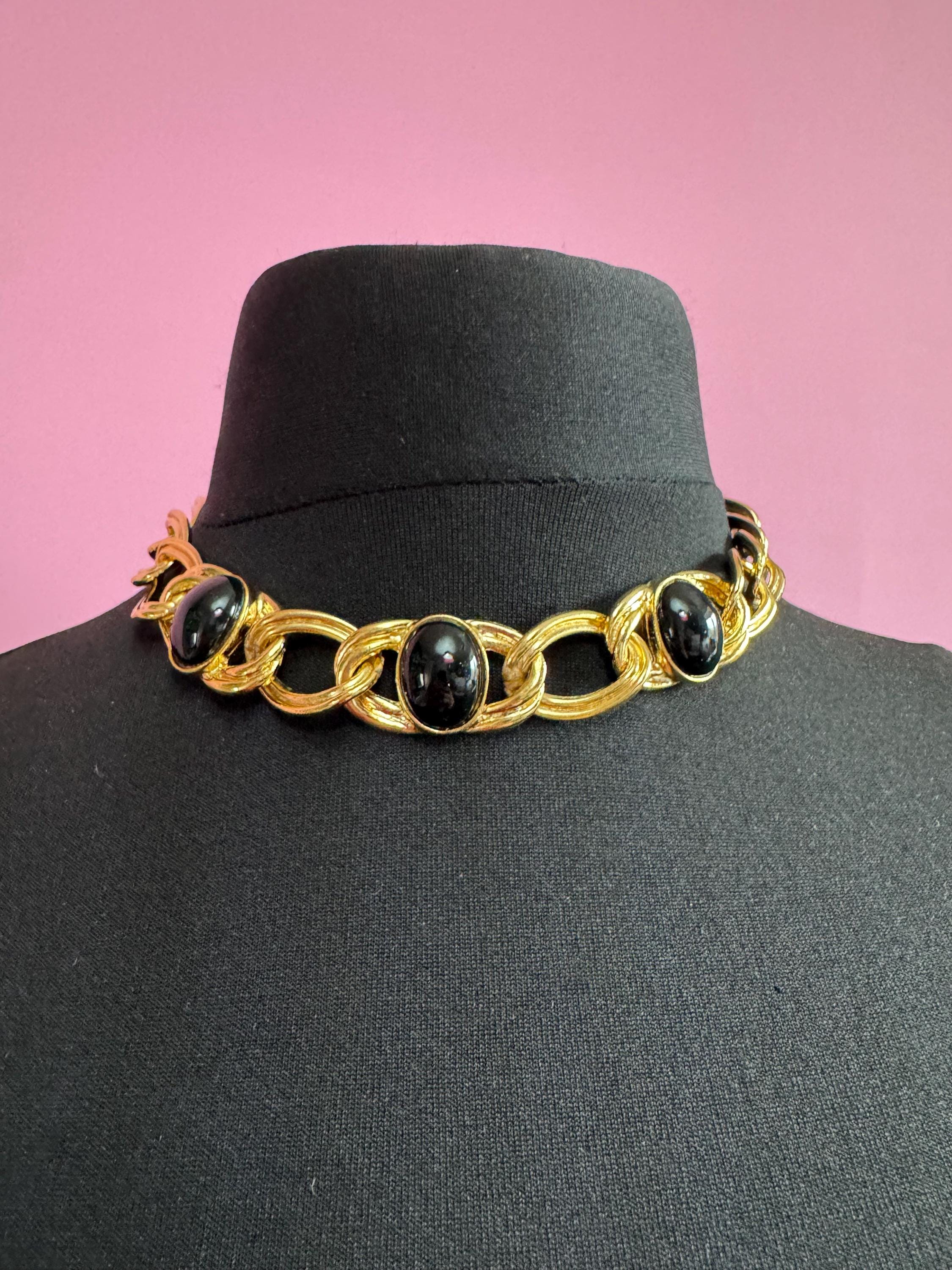 Vintage Gold Curb Chain Choker, Necklace With Black Cabochons - Etsy