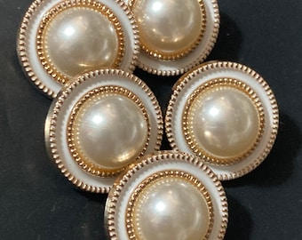 5 boutons de nacre de 20 mm, ronds, bombés, tige en métal émaillé blanc