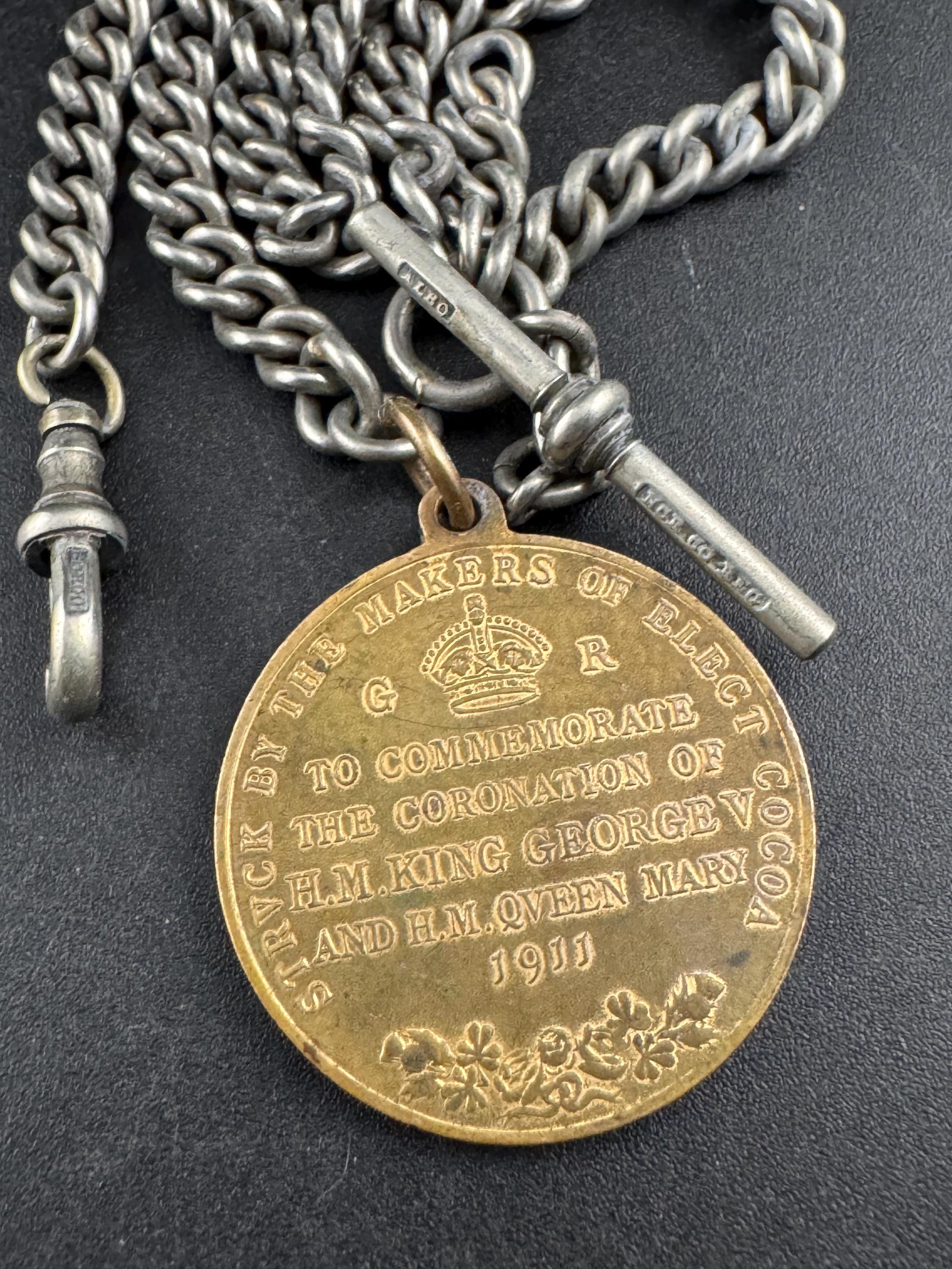 Antique Metal Albert Watch Chain With Coin Fob, Albo Silver Metals