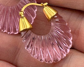 Pendientes de cristal rosa, aro ovalado de plata vermeil dorada / plata de ley 925 / joyería modernista para pendientes perforados