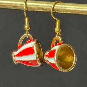 gilded tea cup novelty drop earrings,  Vintage tea-party Red and white stripes