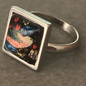 Strawberry thief ring stainless steel art nouveau glass cabochon adjustable