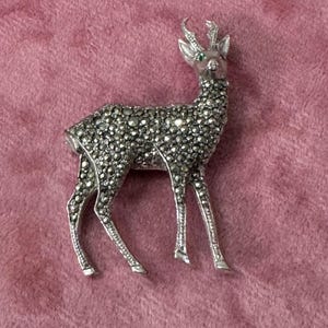 Vintage Retro Marcasite Chrome Back deer brooch diamanté eyes mid century 1950s 1960s