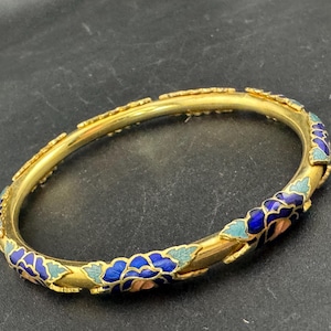 Vintage bright blue and pink  cloisonné enamel gold floral bangle 65mm, old 1980s unused shop stock