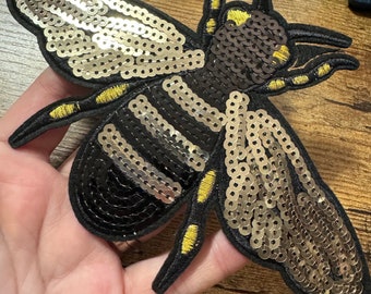 Large Iron On bumble BEE Patch Black and Gold appliqué craft pre glued