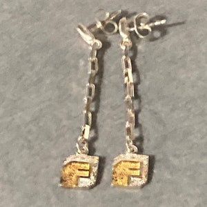 925 Sterling Silver, F Initial Earrings | Chain Link Drop | Lightweight Retro Monogram | 4.2Cm