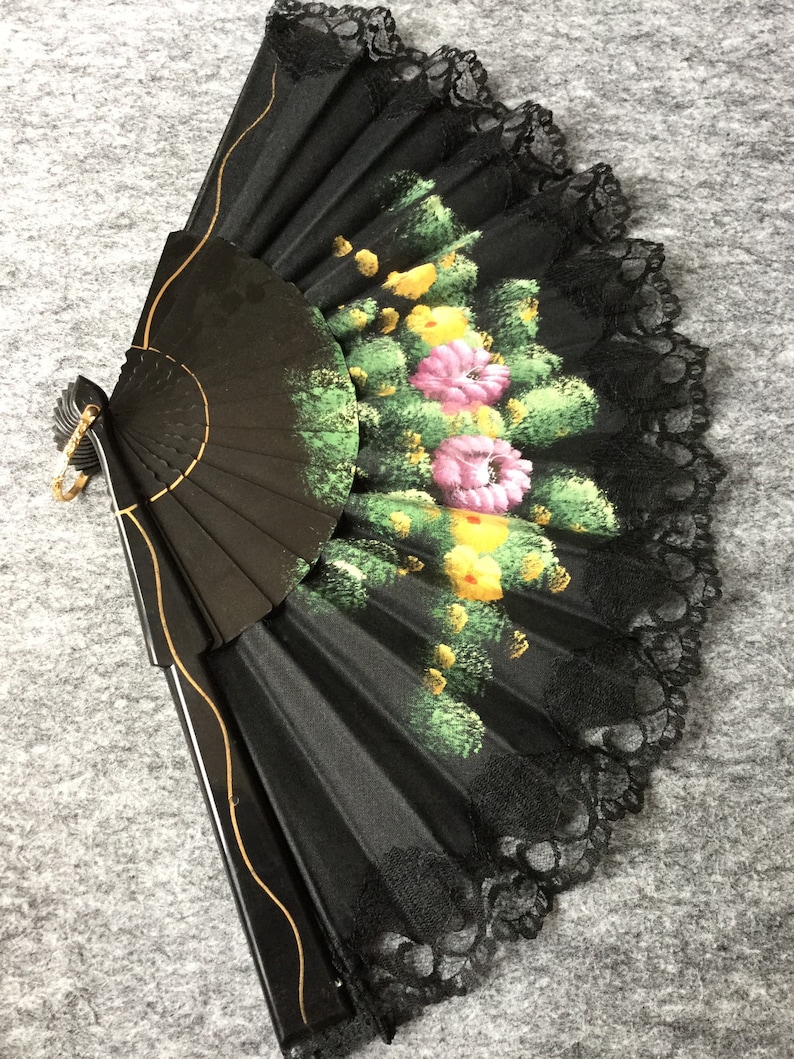 Vintage Retro Spanish Oriental Hand Painted Floral Fabric Ladies Hand Held Fan plastic spibes Orange purple flowers
