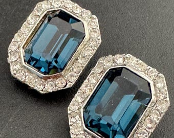 Swarovski Crystal Clip On Earrings: Sapphire Blue Octagon Vintage 1980s