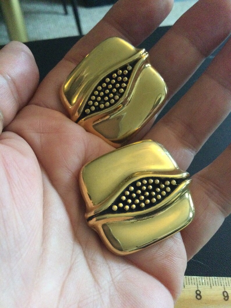 Signed SIDNEY CARRON Paris French designer vintage retro large gold tone modernist minimal square iconic large oversized clip on earrings