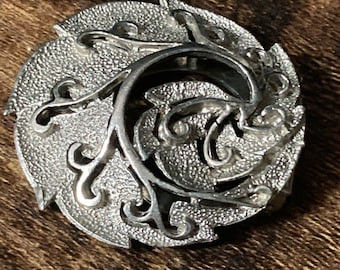 Vintage floral scarf clip, silver tone abstract