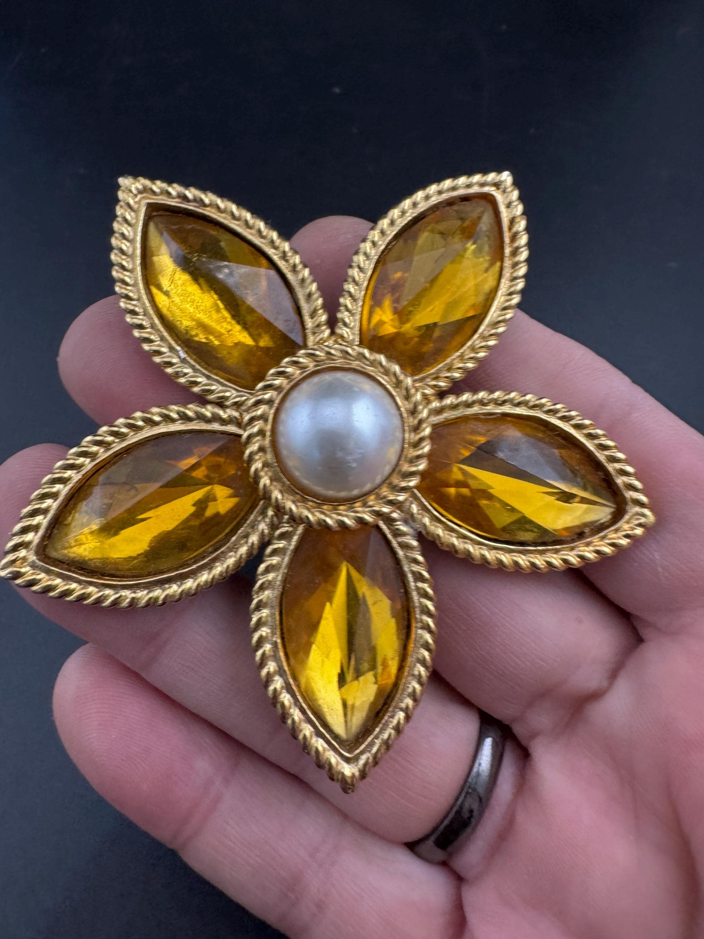 Butler and Wilson Yellow Rhinestone Flower Brooch, Faux Pearl