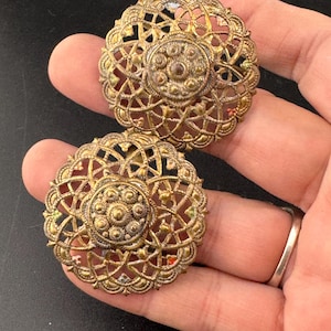 2 part belt buckle Antique filigree brass work gold tone domed Metal Vintage Belt buckle Dressmaking vintage couture steampunk