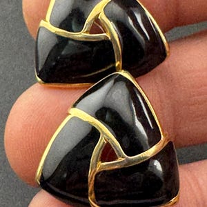Black enamel pair stud earrings pierced Vintage Gold tone triangles