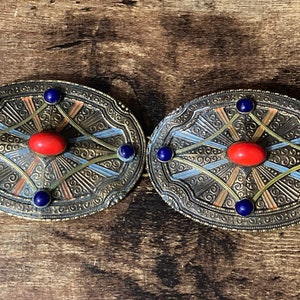 Grote Art deco 2 delige riem gesp Tsjechisch messing met blauwe en rode glazen stenen