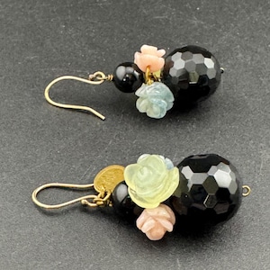 Signed Lotty K Black glass beaded pair dangly drop opaline carved floral pierced drop earrings