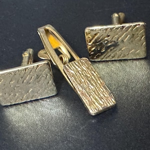 Vintage Brutalist Gold Tone Cufflinks and Tie Clip Set