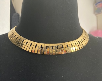 Vintage wide choker necklace Egyptian revival gold tone wide