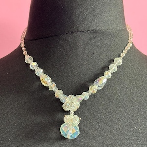 Retro faceted glass single strand bicone beaded clear diamanté crystal drop necklace