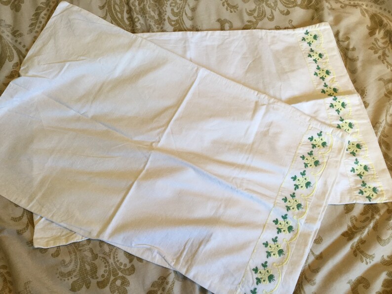 Pair 2 Chateau chic bedding decor pair of white cotton embroidered pillowcases with green yellow ditsy flowers roses 28 x 18 inches