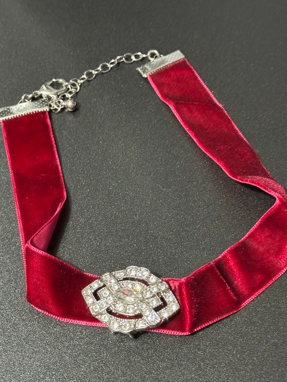 Berry dark red velvet choker necklace with clear … - image 3