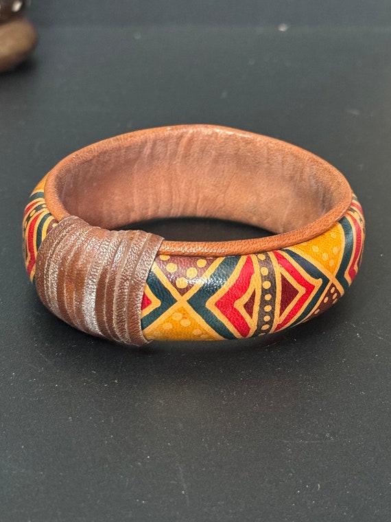 Tribal Print Leather Cuff Bangle: Wide Wood Bracelet - Etsy