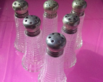 Silver individual Glass Salt & Pepper Shakers - Set of 6 sterling and pressed glass