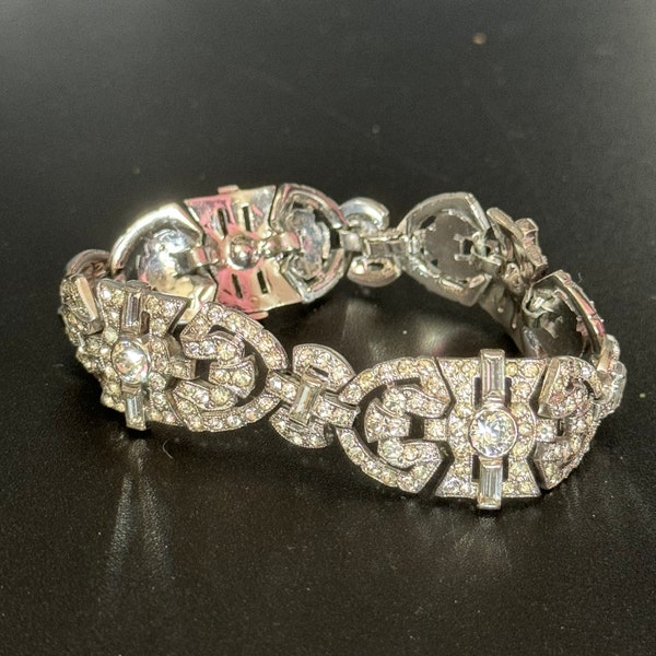 Mid century 1950s Chrome Back Paste Rhinestone Diamante Panel Link Bracelet antique Art Deco style hollywood glamour