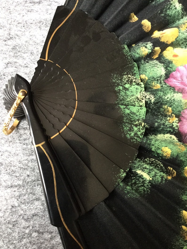 Vintage Retro Spanish Oriental Hand Painted Floral Fabric Ladies Hand Held Fan plastic spibes Orange purple flowers