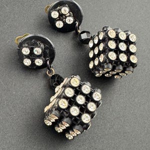 Antique art deco black cube clear diamanté rhinestone  paste ball drop dangly earrings