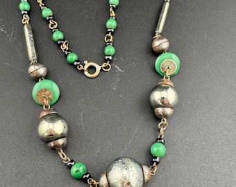 Art Deco chrome green necklace,  As found with wear antique glass beaded