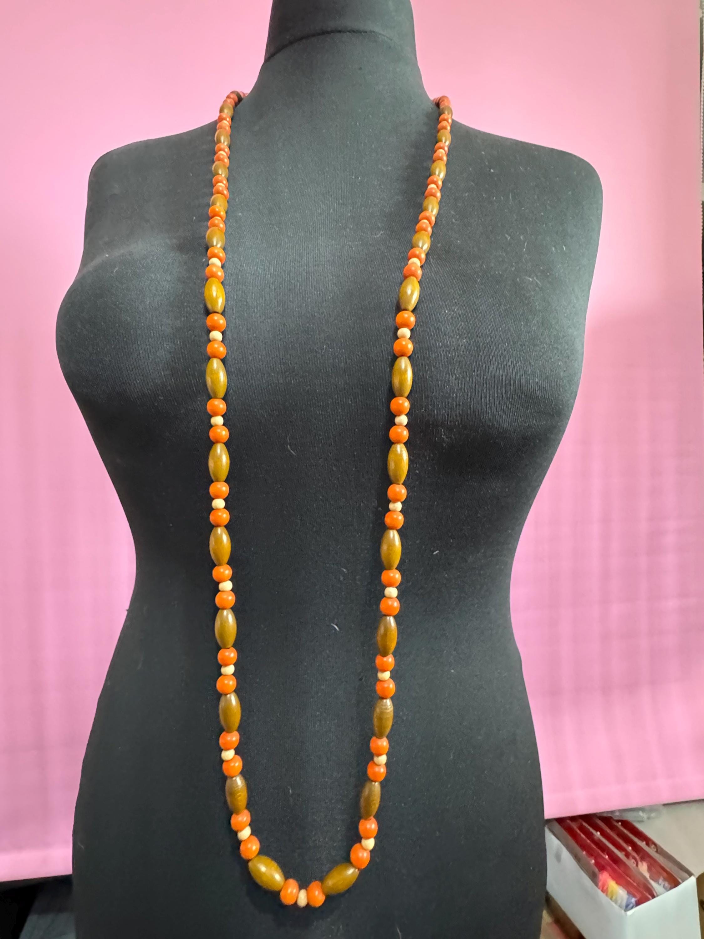 Long Vintage Wooden Beaded Necklace: Boho Layering Jewelry