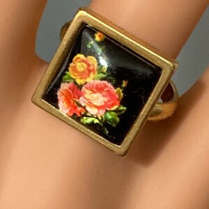 Garden roses handmade glass dress ring 14mm square red orange floral black gold tone adjustable size