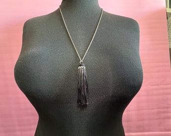 Retro Swarovski Crystal black and dark grey silver tone tassel necklace designer