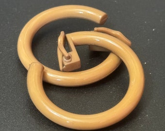 1960s light coffee brown plastic clip on 5cm round hoop earrings