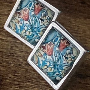 William Morris tulip print glass stud cabochon earrings stainless steel 1.5cm square