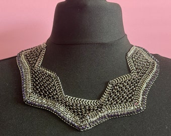 Retro deep purple Swarovski Crystal diamanté and dark grey silver tone chainmail wide choker necklace designer