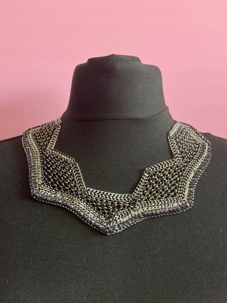 Retro deep purple Swarovski Crystal diamanté and dark grey silver tone chainmail wide choker necklace designer image 1