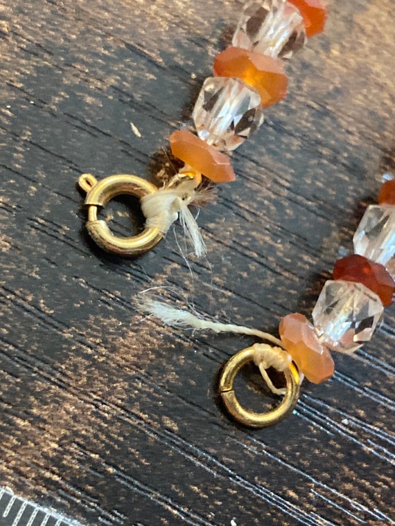Collier Sautoir Ancien Années 1920-25 Perles De Verre Orange Rayures Blanches - Bijou Vintage Occasion