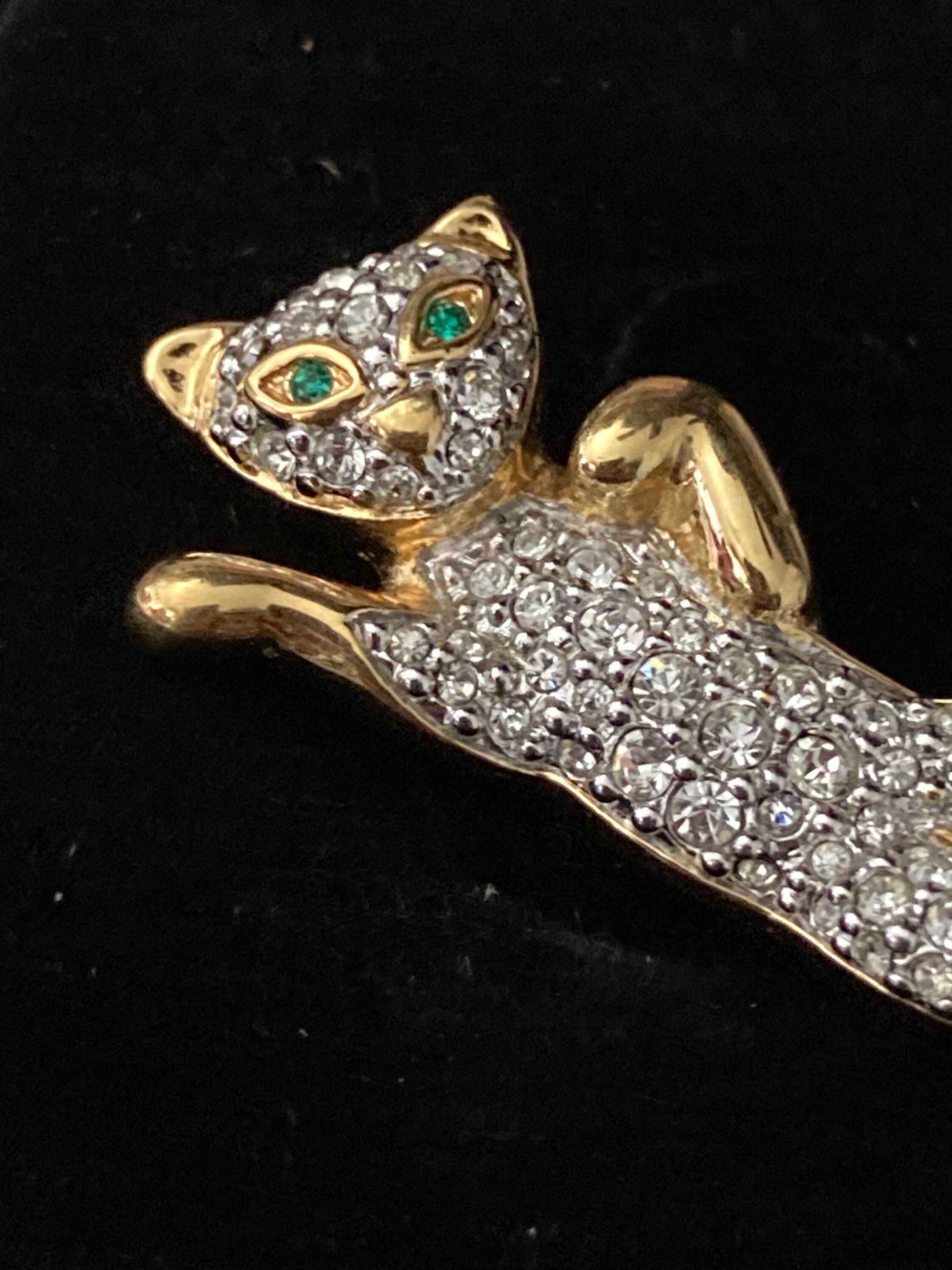 Broche Chat Vintage En Zinc - Yeux Cristal Vert - Bijou Délicat Pour Sac, Veste Ou écharpe - 6