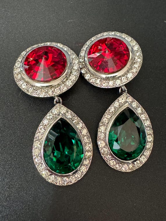 vintage oversized silver tone ruby red emerald green and clear