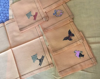 Vintage set orange square embroidered floral tablecloth 4 matching napkins cross stitch flowers