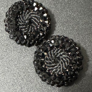 Oversized 3.5cm black glass cluster beaded round disc Clip On Earrings Vintage