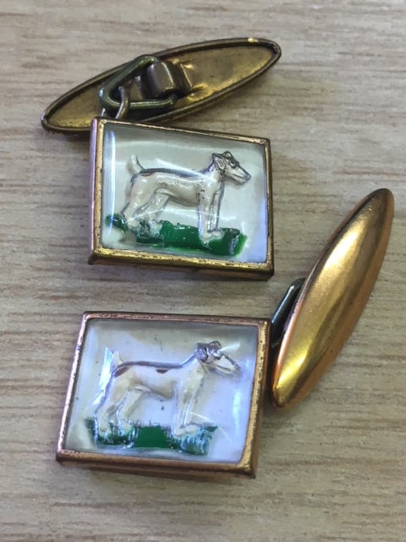 hunting dog beagle shooting sports reverse painted intaglio essex crystal gents cufflinks novelty metal brass 1950s 1960s retro vintage
