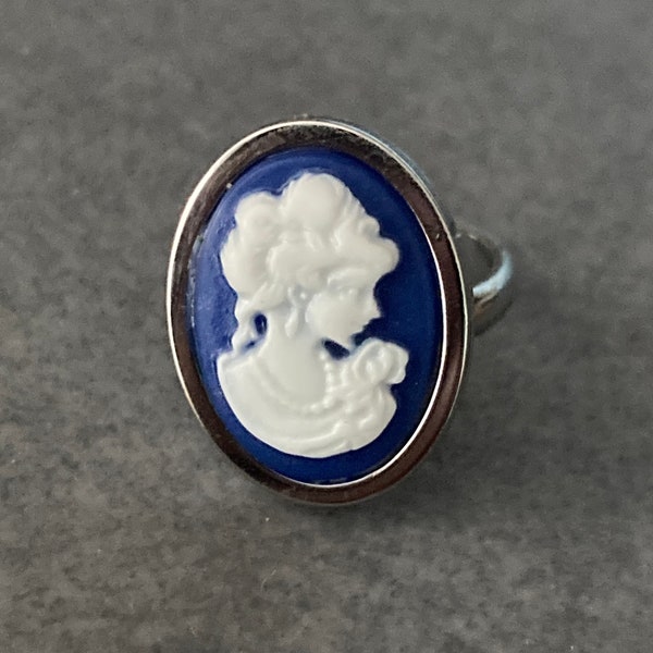 blue resin cameo lady ring adjustable non tarnish stainless steel